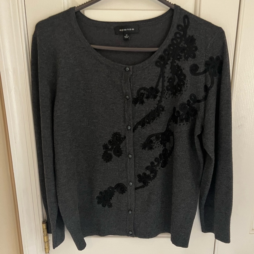 Spense flower embellishment, 3/4 sleeve, Dark Gray Cardigan with jeweled…